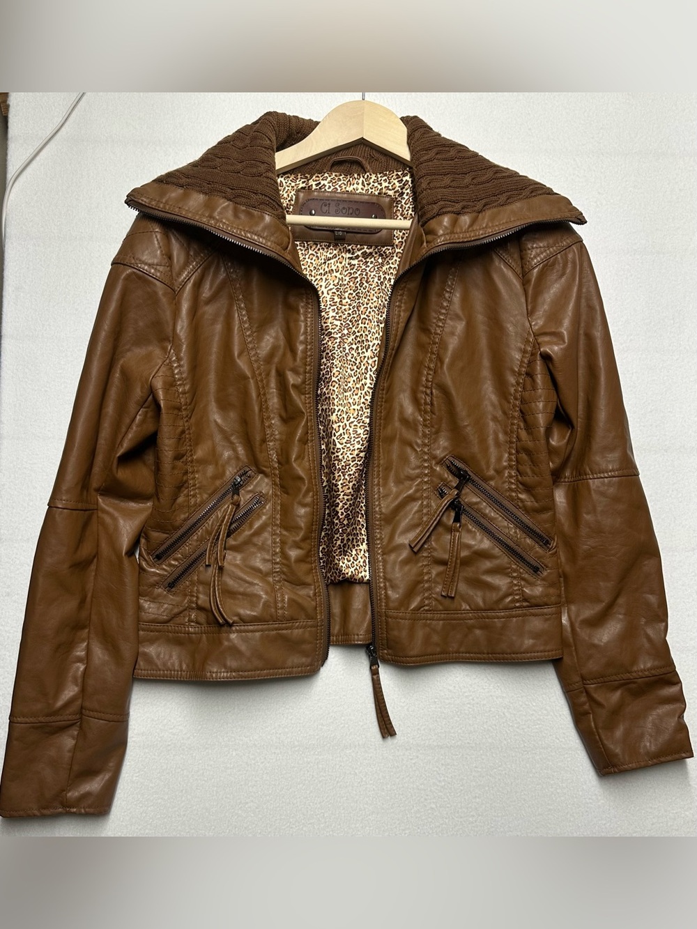 Ci Sono Faux Leather Moto Jacket Brown Quilted Collar Leopard Lining - Large